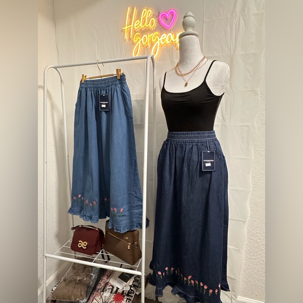 Denim Maxi Skirt with Embroidered tulip Hem
